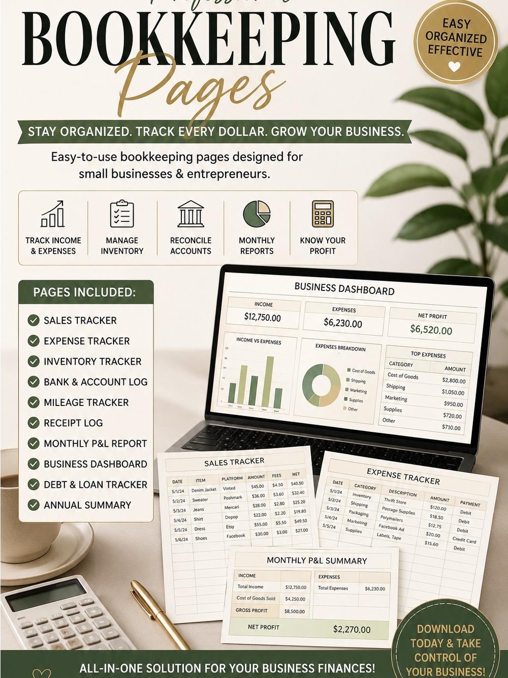 Bookkeeping Pages Printable Kit - Cream